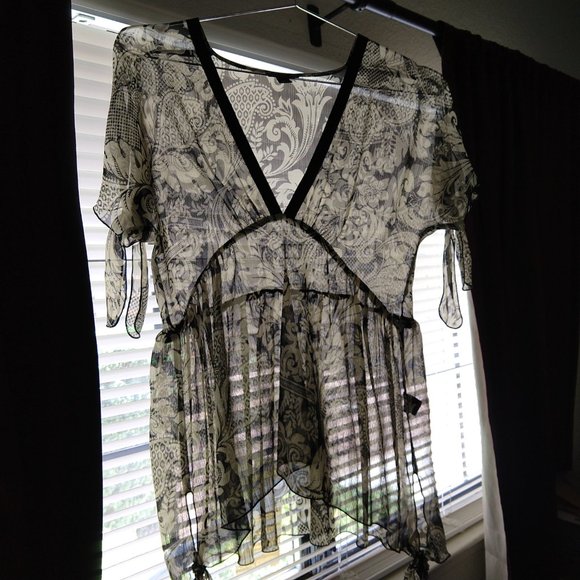 Anna Sui Floral Sheer V-neck Slit Short Sleeves Blouse Top Black Beige Size S - Picture 7 of 12